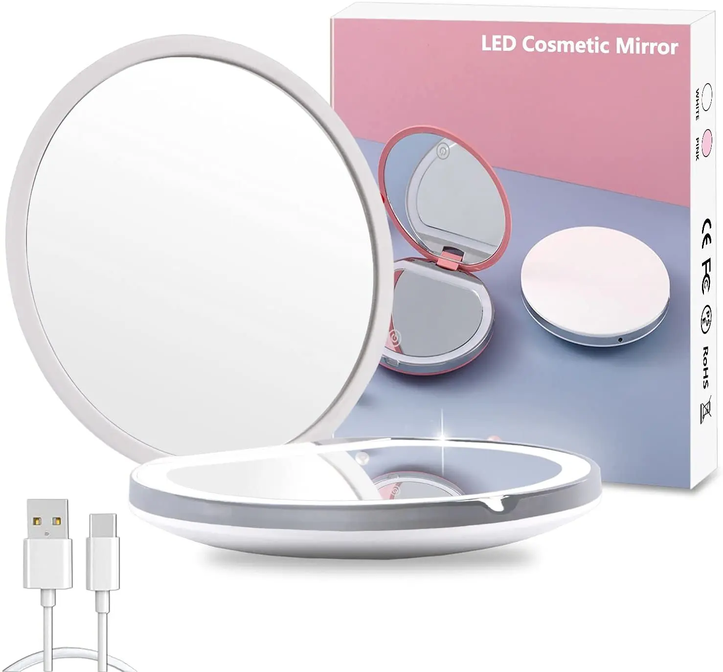 Компактное зеркало с перезаряжаемым светодиодом с увеличением 1x/10x, маленькое дорожное зеркало для макияжа с регулируемой яркостью, карманное зеркало для сумки