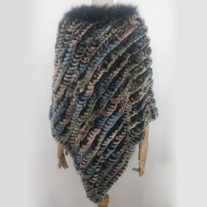 Women Knitted Loose Real Rex Rabbit Fur Poncho With Raccoon Fur Trimming Fashion Long Ladies Cape Female Natural Fur Shawl