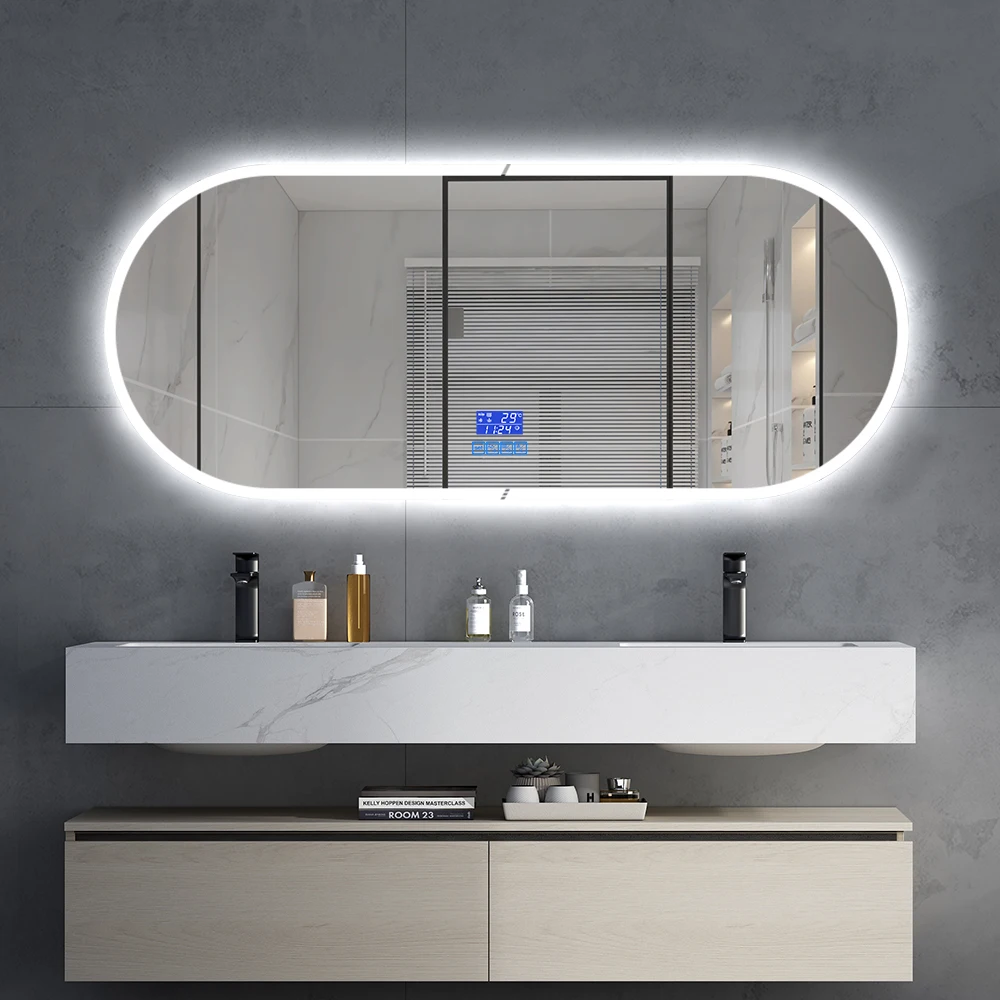 New design smart bath mirrors with lights bathroom makeup mirror with time display