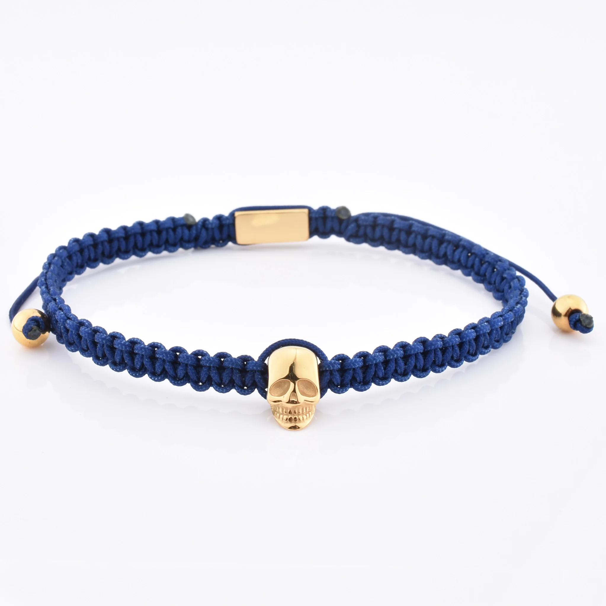 Handmade Popular Design Man Single Braided Navy Blue Rope Stainless Steel Mens Skull Adjustable Bracelet
