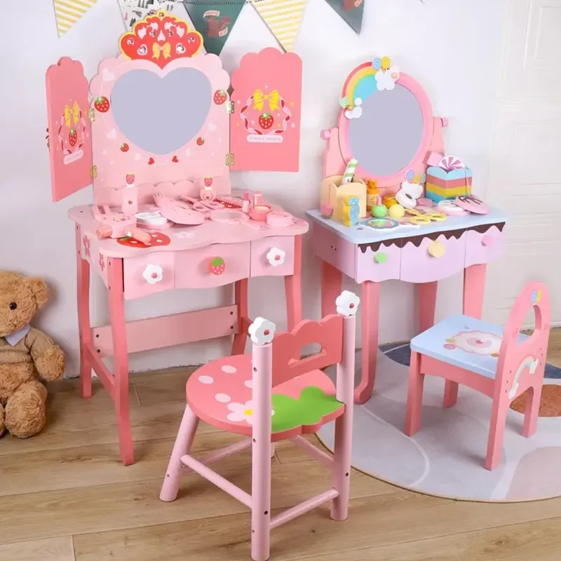 New Arrival Wooden Pink Make up Dressing Table Wooden Pretend Play Kids Make up Toy Set for Girls Kids