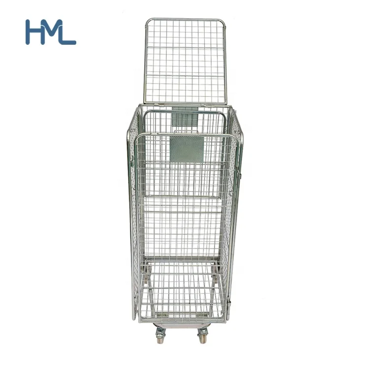 4 sides warehouse logistics nesting supermarket galvanized folded storage metal wire mesh rolling security cage