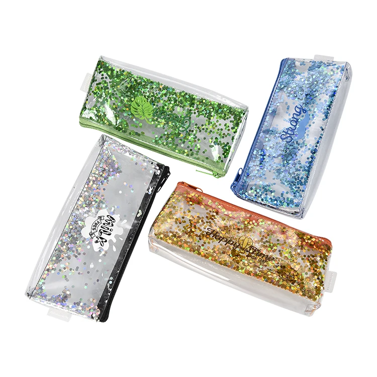 Promotional 4 color Glitter Plastic PVC Zipper Pen Bag Pencil Case Bag For Kid