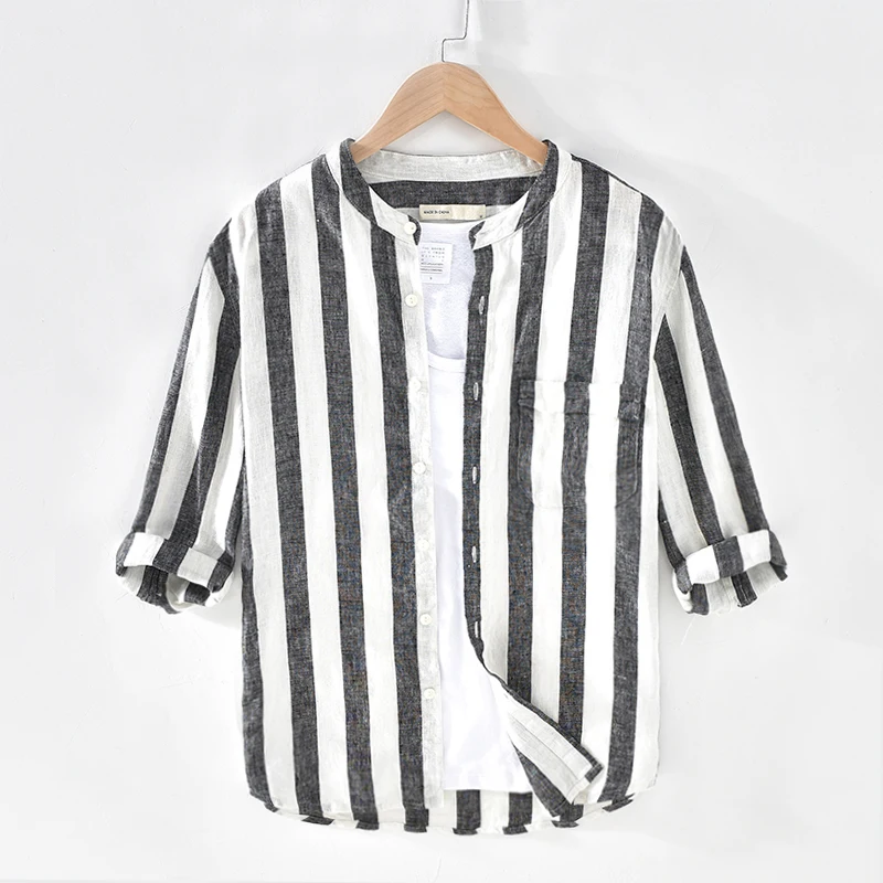 The best quality factory wholesale new 7-point sleeve linen striped casual shirt men