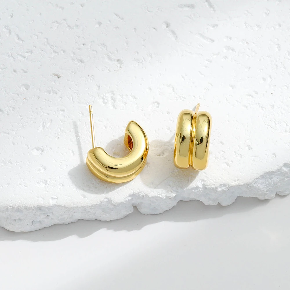 Fashion Double Layer C Shaped 18K Brass Gold Plated Minimalist Stud Hoop Earrings