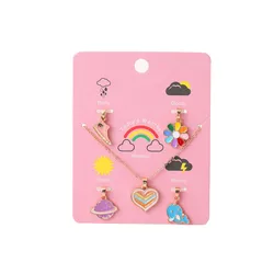 Wholesalers Fashion Jewelry Children Necklaces Rainbow 5 Pendant Enamel Heart Charm Necklace for Kids