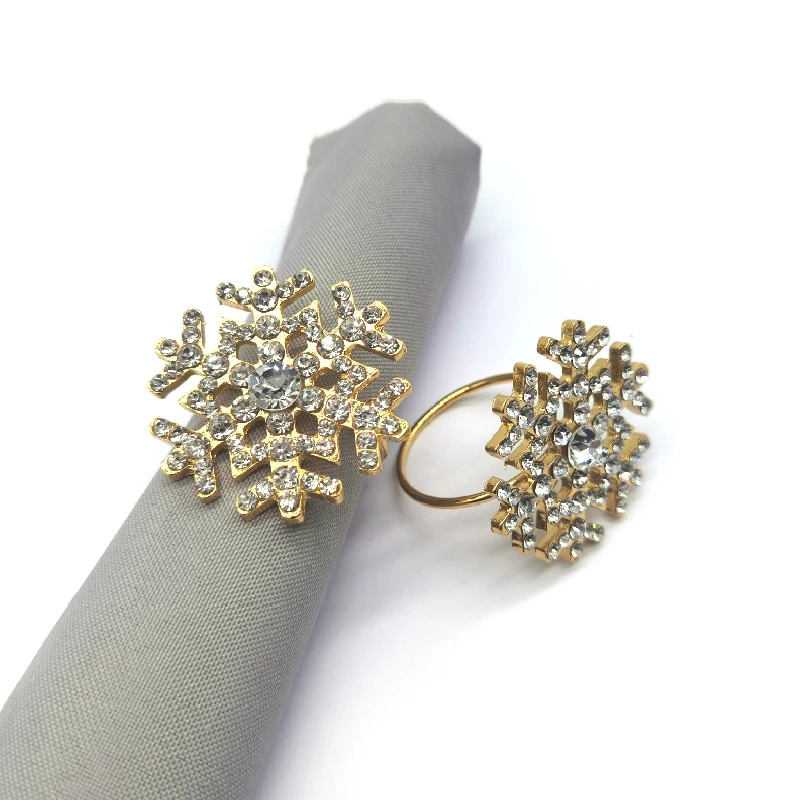 Wholesale gold coated metal crystal rhinestone Christmas wedding snowflake napkin rings