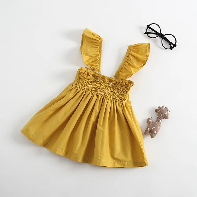 
summer kids baby girl yellow fly sleeve dresses european fashion oversize bow soft cotton tutu fancy dress girls dresses 