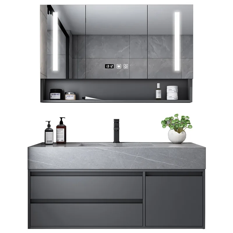 Hotel Solid Wood Wall Mount Dark Gray Washroom Storage Cabinet Combo Marble Floating Vanity Bathroom