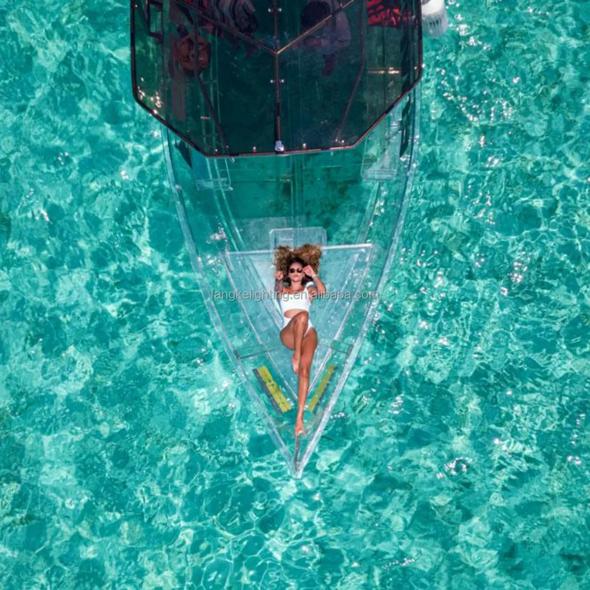 Fangke Transparent Boat Clear Boat Clear Bottom Boat with Engine and Canopy one blue sea