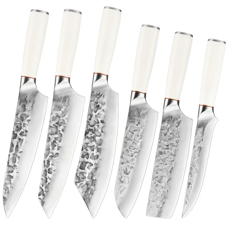 6 pcs Kitchen Knives Set with White Handle 4cr13 Steel Boning Nakiri Santoku kiritsuke Chef Knife