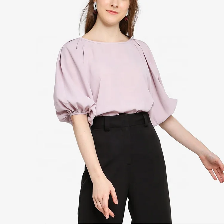 
OEM Latest Fashion Casual Loose Pullover Round Neck Solid tone blouse with pleated sleeves Ladies Top 