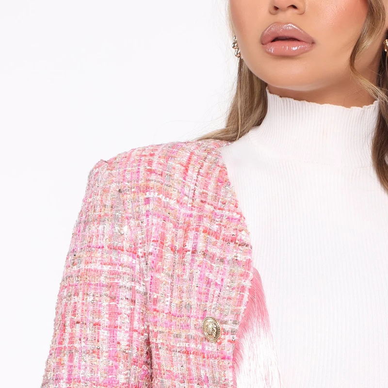 Double breasted long sleeve fringe women tweed jacket