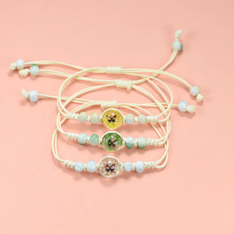 Flower bracelet hand-woven size can be adjusted Preserved flower and butterfly multi-color optional 12mm beads
