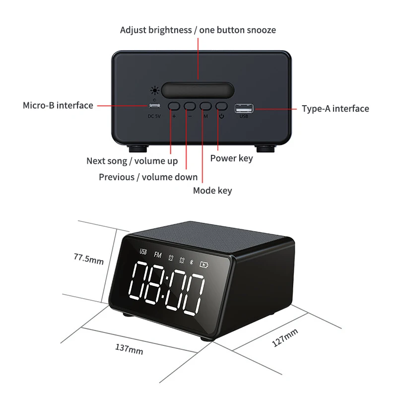 2021 wireless charger speaker usb mini portable large capacity battery BT speaker with alarm clock