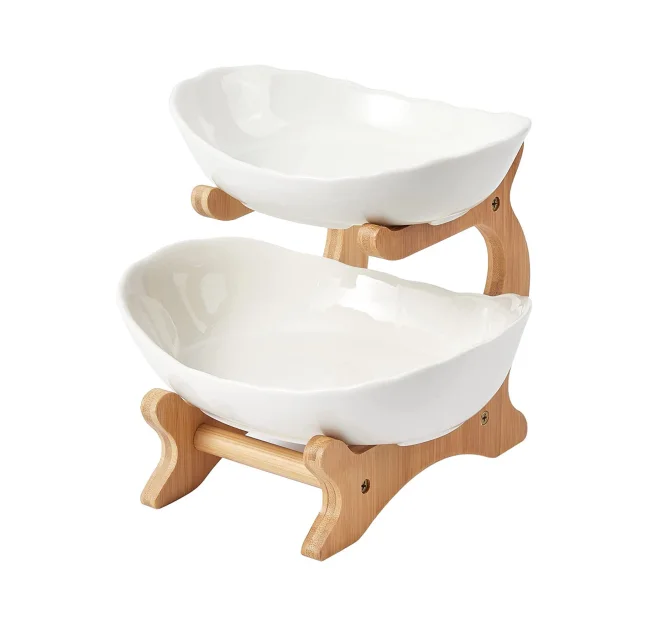 2 Tier Ceramic Fruit Bowl, with Bamboo Stand Serving Tray Set for Vegetable Storage