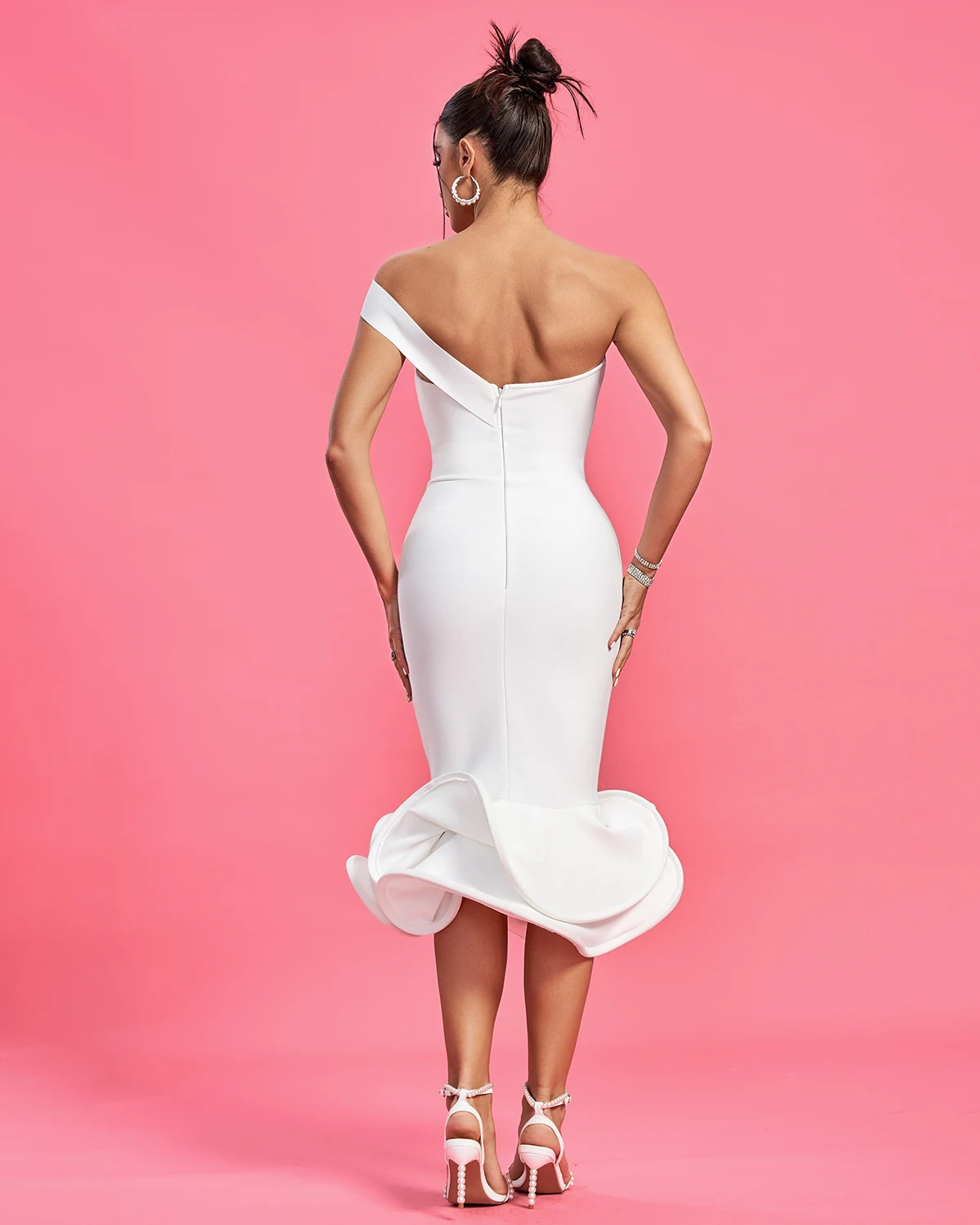 Ocstrade Trending Products Solid Color Bandage Dress One Shoulder Open Back Slim Fit Double Layer Ruffles Cocktail Dress