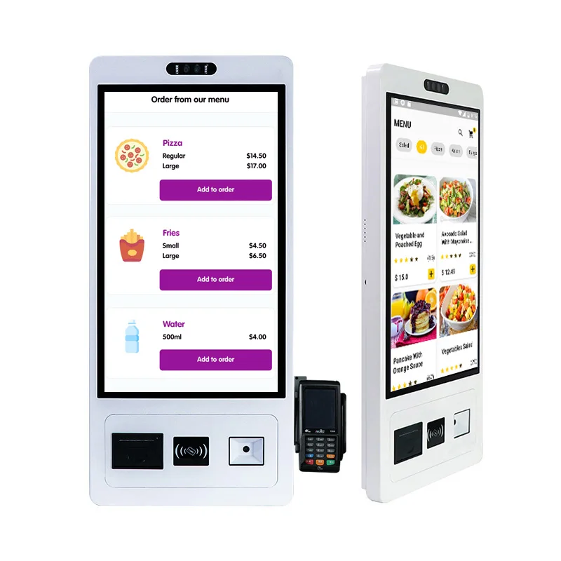 Android Win10 Win11 all-in-one self ordering kiosk in restaurant with card reader, barcode scanner, thermal printer