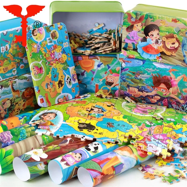 New Custom Wholesale Educational  Game Toy Children Animal  Cartoon Wooden Jigsaw Puzzle With Iron Box For Kids