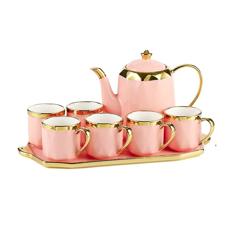 New modern style household ceramic tea kettle coffee cup and saucer pink tea set luxury coffee tea sets with tray
