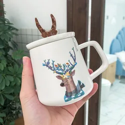 450ml Hot Ins Creative  Handmade Cute Antler Ceramic Mug Tea Cups Ceramics Porcelain Office Coffee Cup with Lid