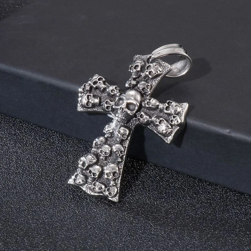 Halloween Cross Pendant Long Chain Necklace Cross Skulls Necklace Punk Jewelry Stainless Steel Cross Pendant Necklace for Men