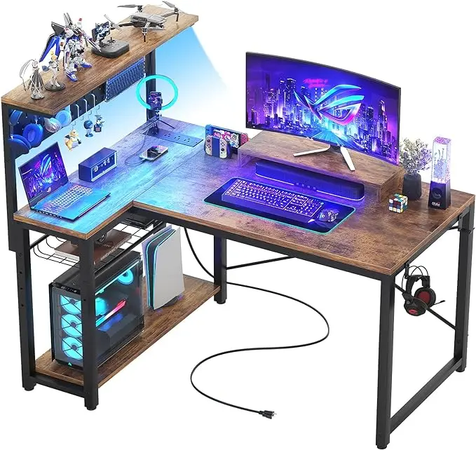 L-образный компьютерный стол с стойкой для монитора полки хранения двусторонний угловой крючками гарнитуры