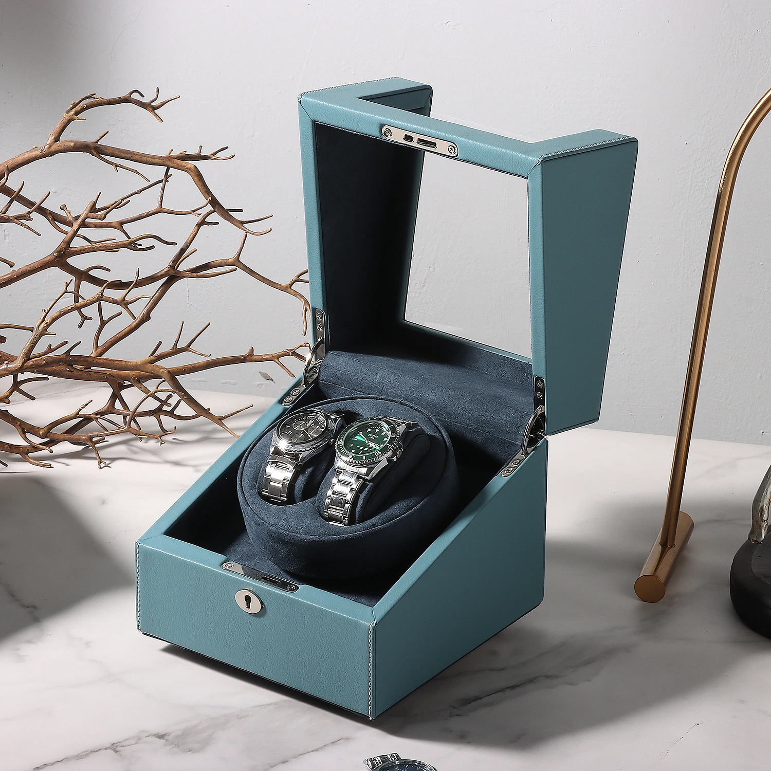 Luxury Single Automatic Watch Winder Square PU Leather and PC Material Storage Box With Glass and MDF for Storing Watches