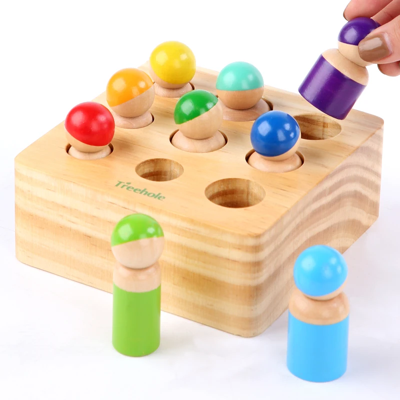 2021 Amazon Best Selling Montessori Wooden Toys Colorful Wooden Socket Villain Cylinder Play Set