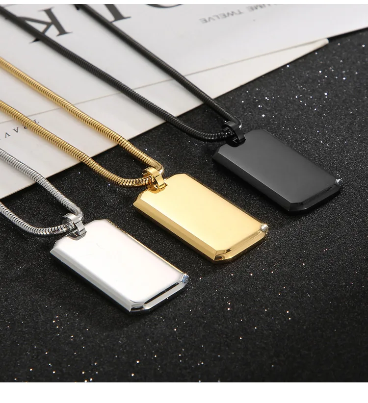Wholesale Heavy Duty Mirror Polished Square Pendant Personality Stainless Steel Black Dogs Tags Pendant Necklace for Men