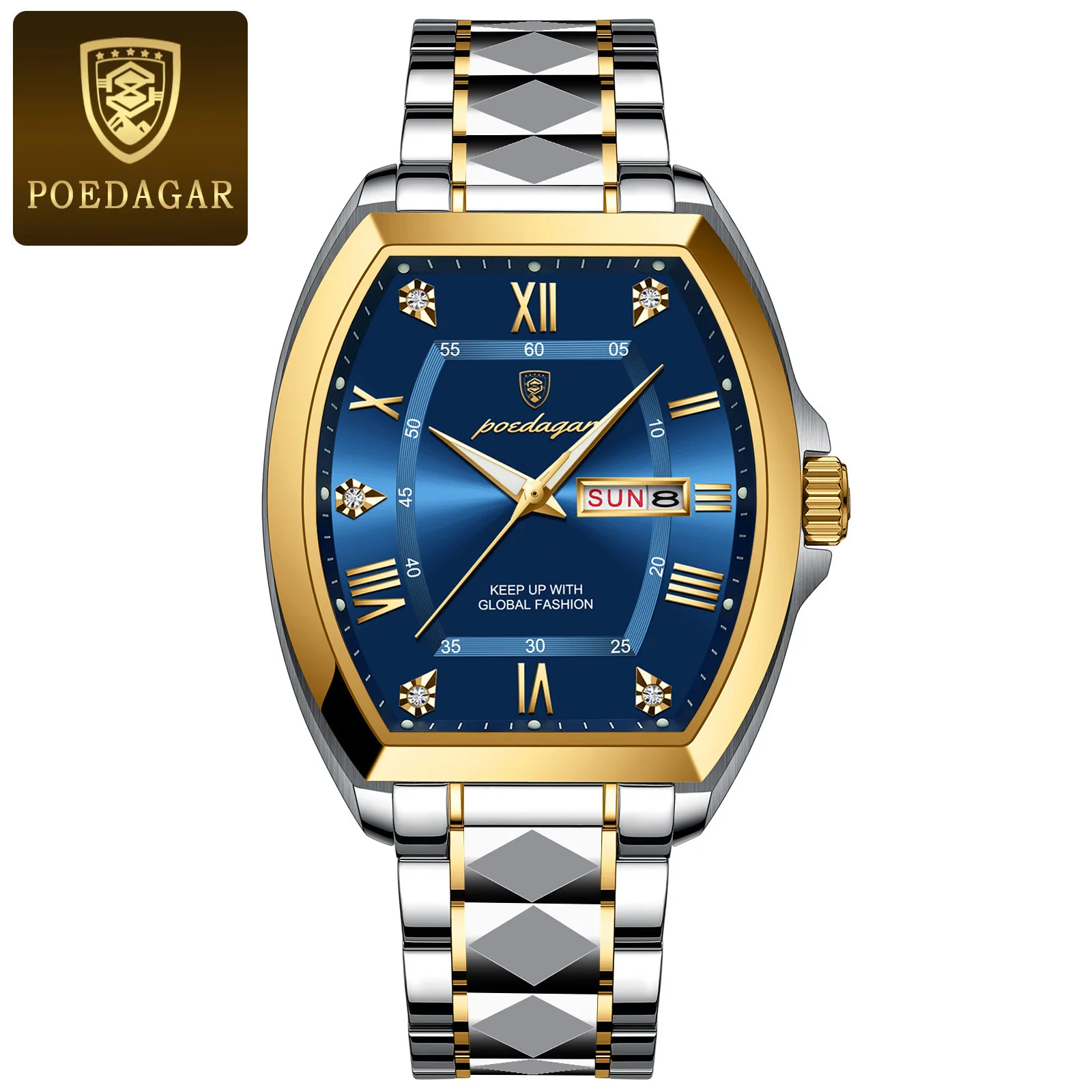 POEDAGAR 958 Luxury Watch Stainless Steel Luminous Waterproof Date Week Mens Watches Tonneau Case Quartz Watches Reloj 2024 New