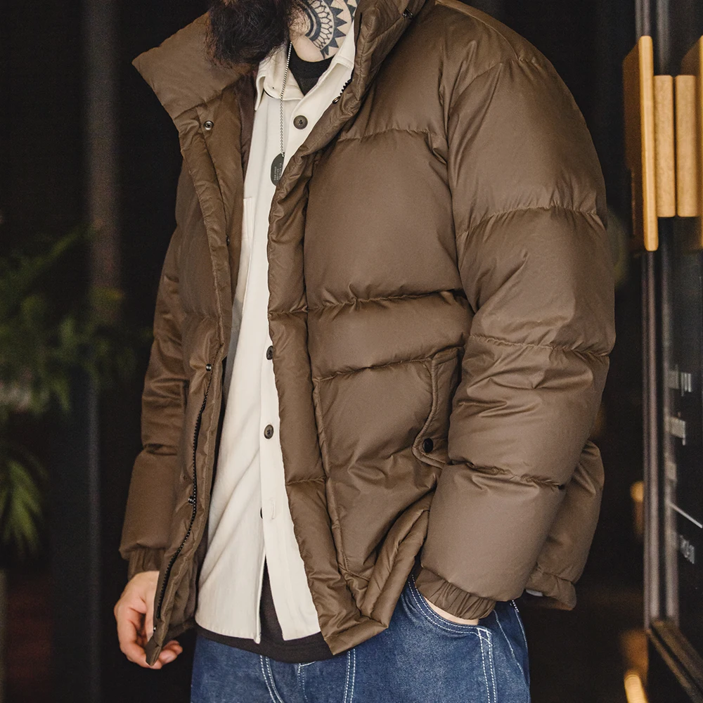 Maden Wholesale Men Down Jacket Vintage Workwear Retro Waxed Winter Cold-Resistant Hooded Thick Stand Collar Puffer Coat Winter