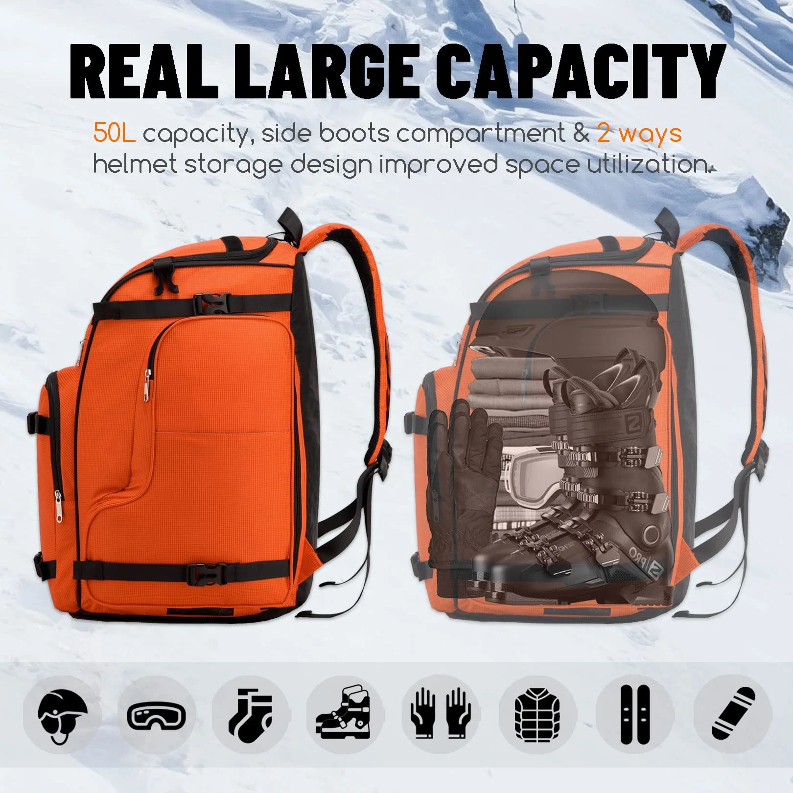 50L Large Capacity Ski Boot Bag for Skate Helmet Jacket Skis Snowboard Accessories Travel Backpack for Skiing