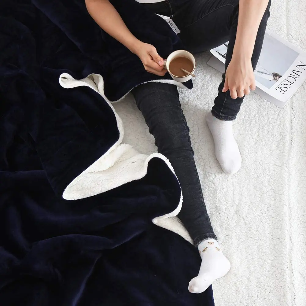 Factory Outlet Sherpa Wool King Bed Blanket - Navy Blue Thick Fleece Warm Soft Queen Blanket King Size