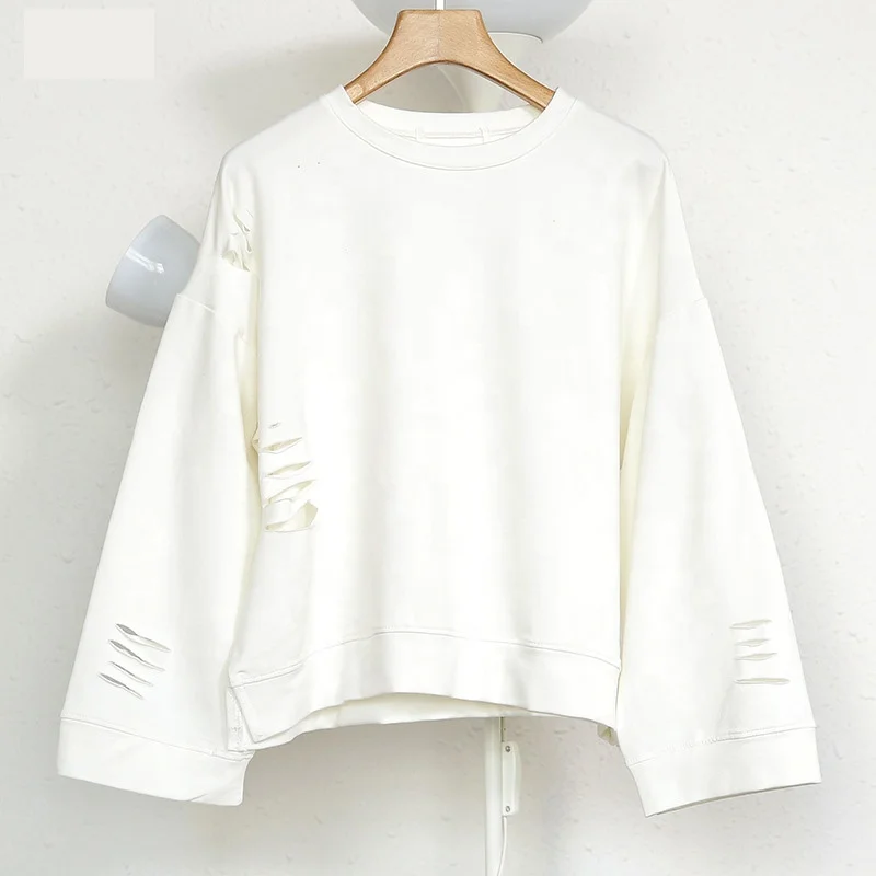 New Fashion French Terry Hollow Crewneck Custom Oversized Plain Hoodie Retro Ripped Pullover Olive Green Sweatshirt for Women