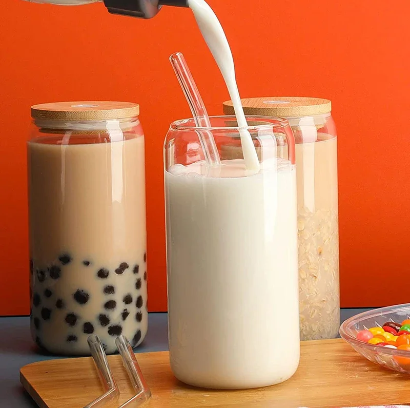 10OZ Drinking Glass Can Shaped Glass Cups with Bamboo Lids and Glass Straws for Juice Beverage Milk
