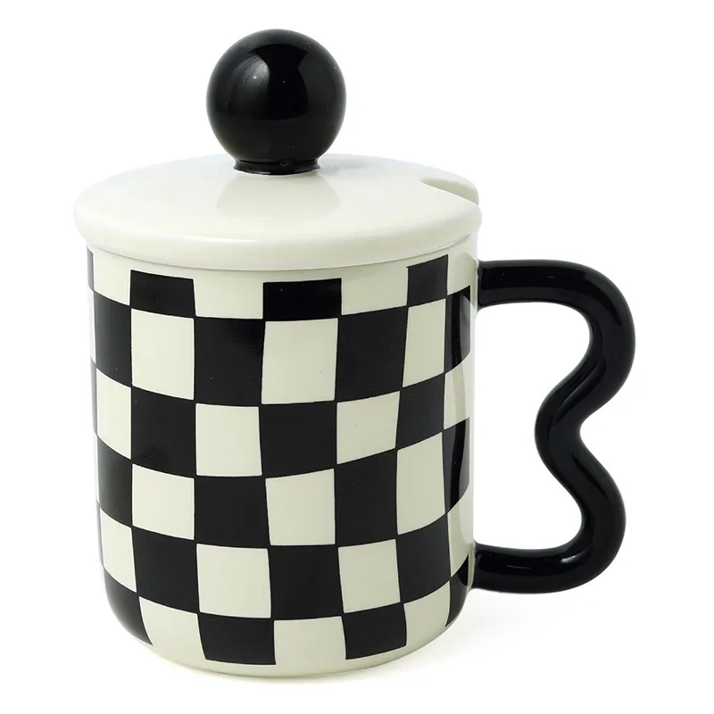 checkerboard checked mug retro ceramic water cup with lid
