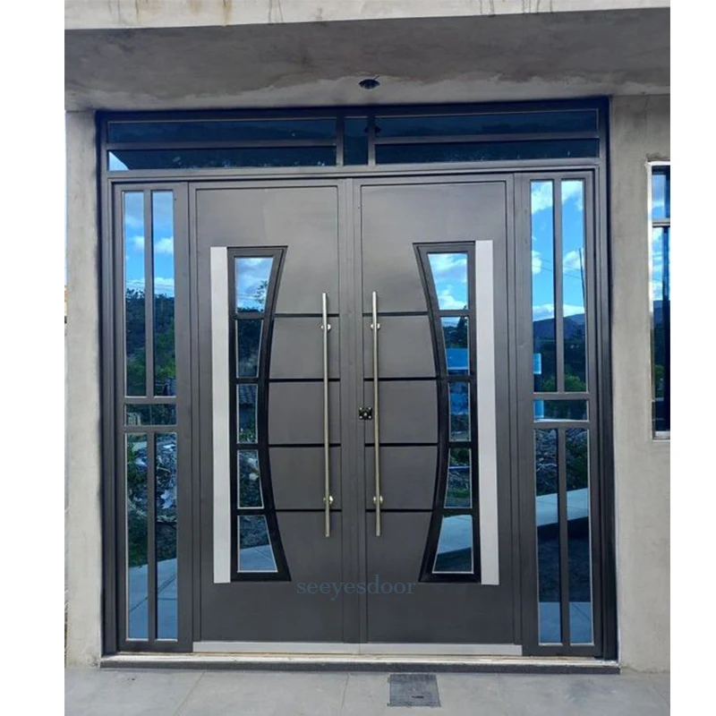 Italian Luxury Design Entrance Door Exterior Security Front Door Modern Entry Black Double Iron Door