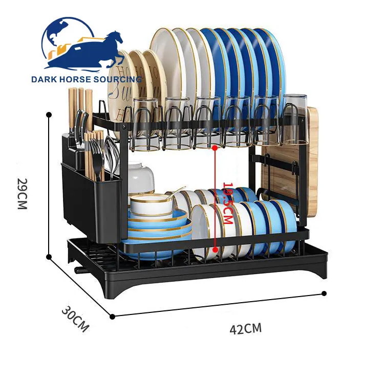Household kitchen use Multifunction carbon steel Detachable 2 Tier Dish Drying drain Rack Water cup Storage Holder