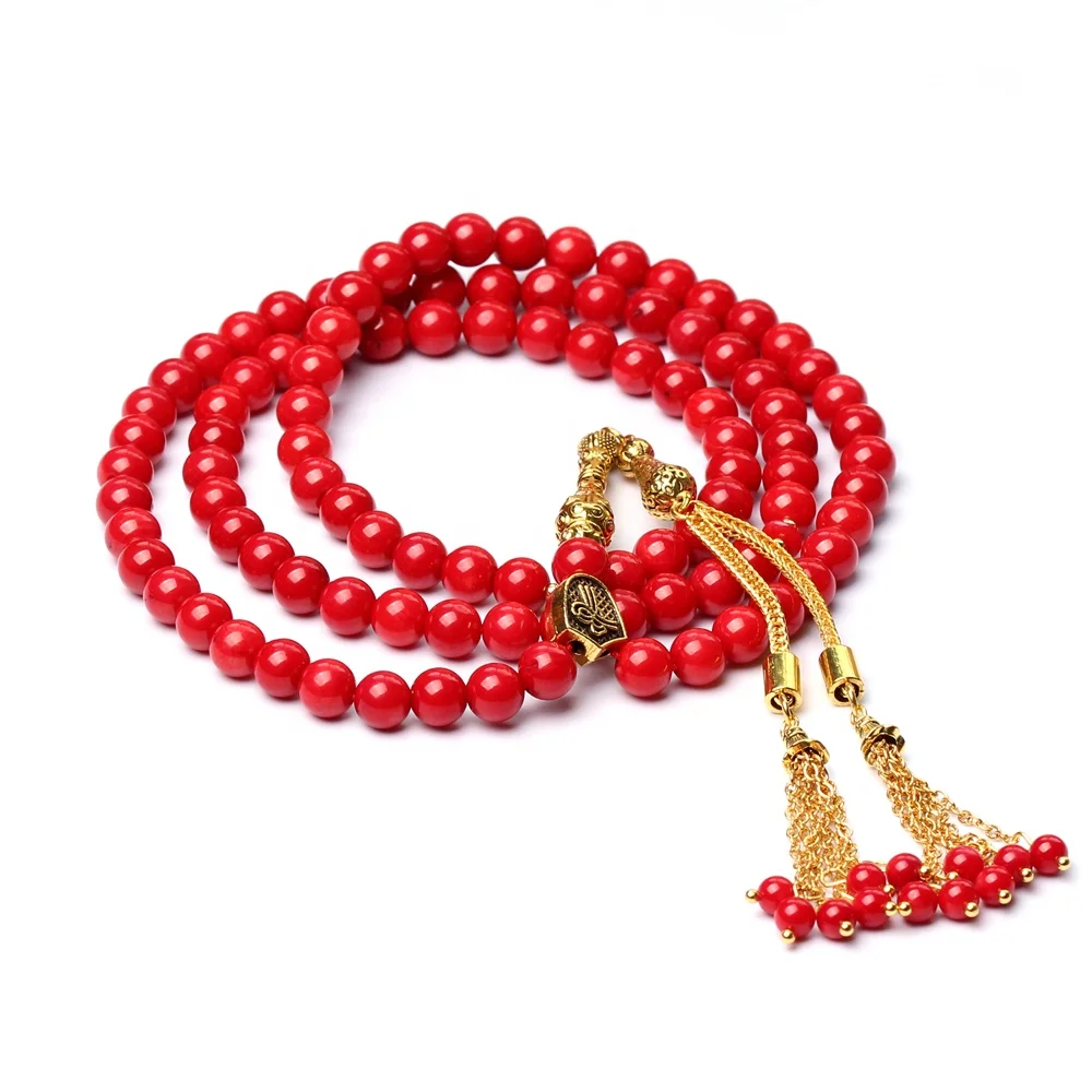 Factory Sale Pure Natural Round Shape Red Coral Stone 99 Beads Muslim Prayer Beads Islamic Tasbih Misbaha Sibha Rosary
