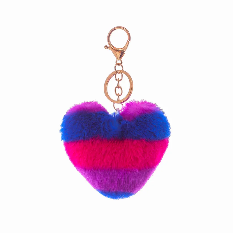 Rainbow Heart Shape Pompom Heart Shape Keychain Fur Pom Pom for Bag Keyring