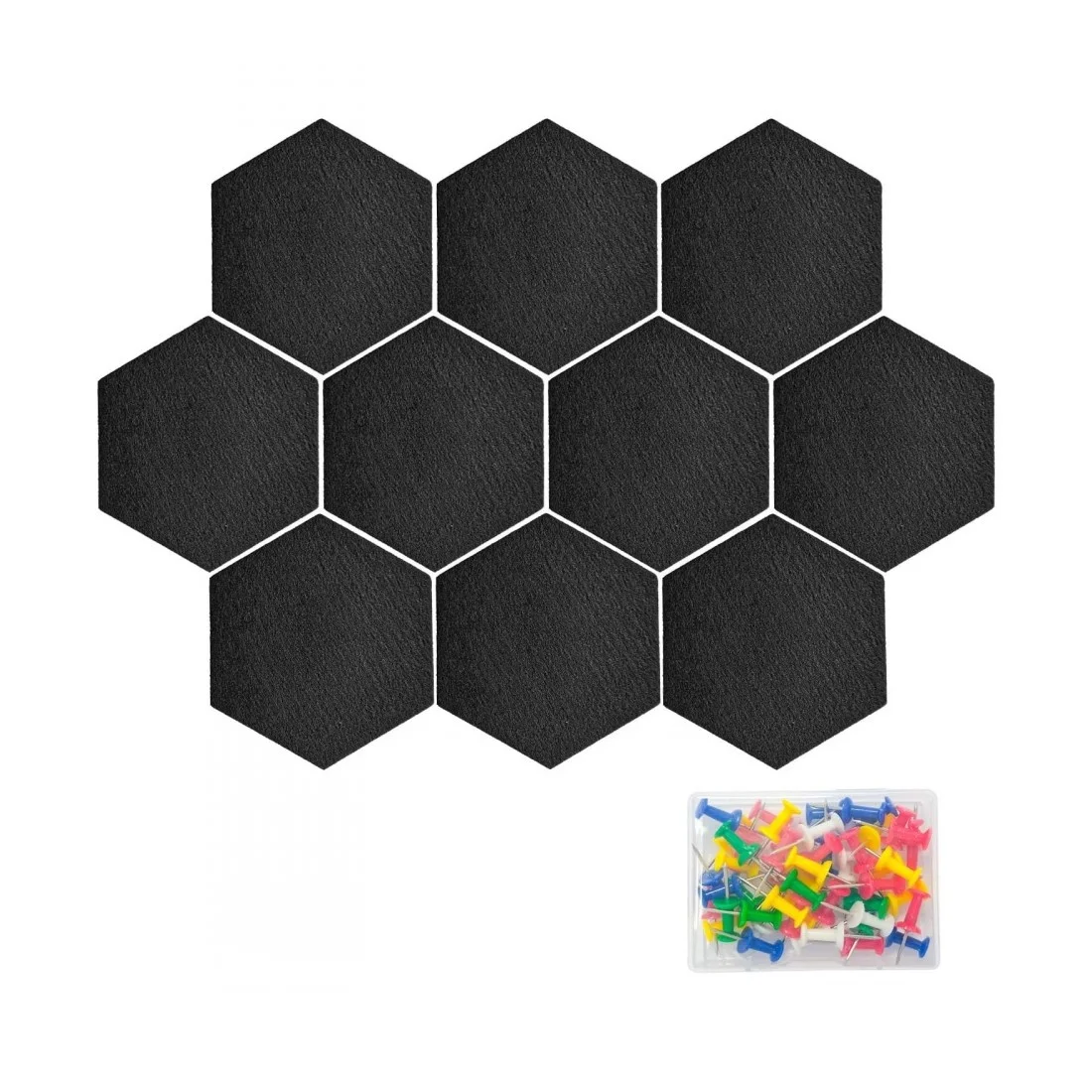10-Pack Hexagon Self-Adhesive Bulletin Memo Black Felt Pinboard with Push Pins for Home Office Wall Decoration