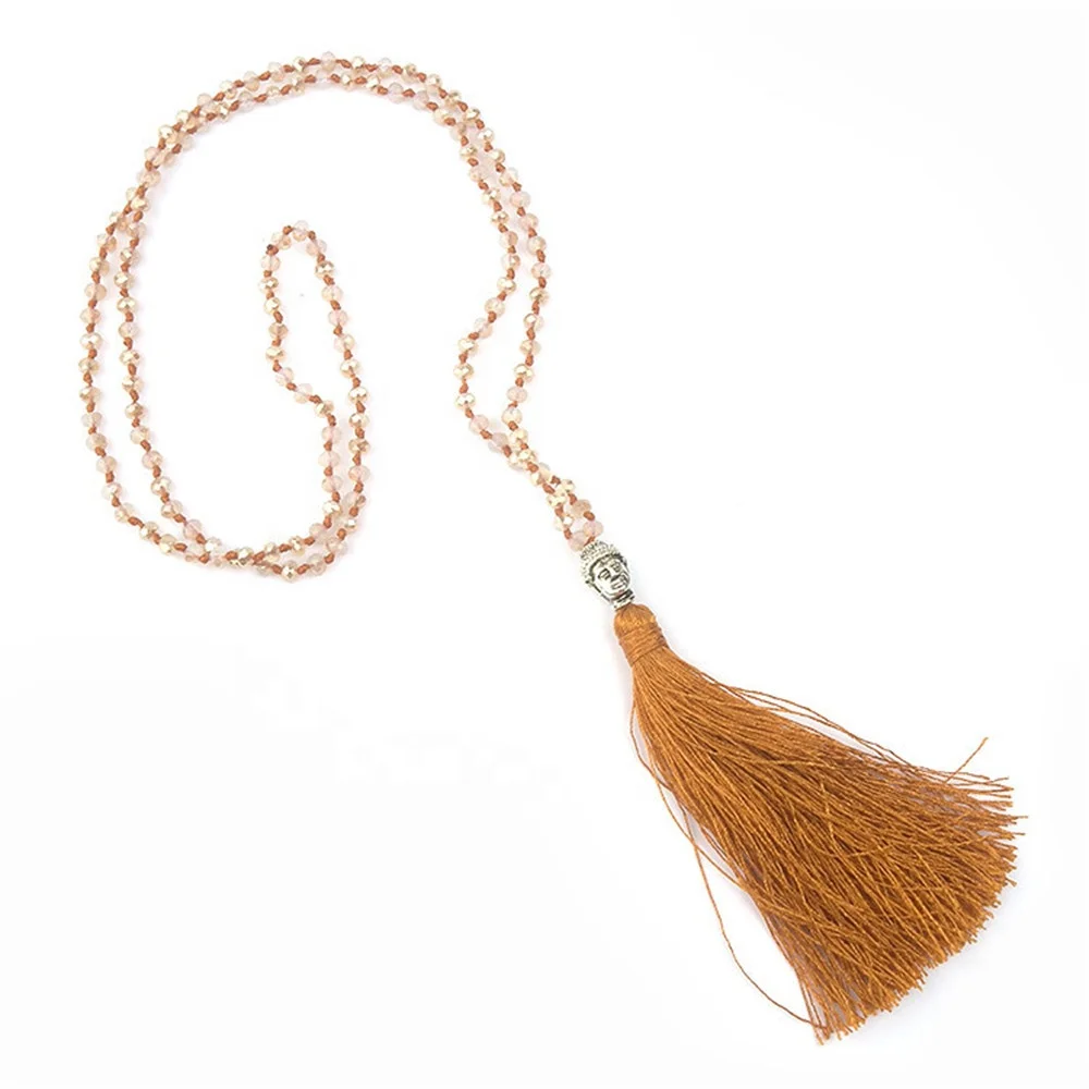 Knotted Rondelle Crystal Long Tassel Mala Facet Bead Namo Religion Necklace Buddha Head Prayer Necklace handmade Jewelry