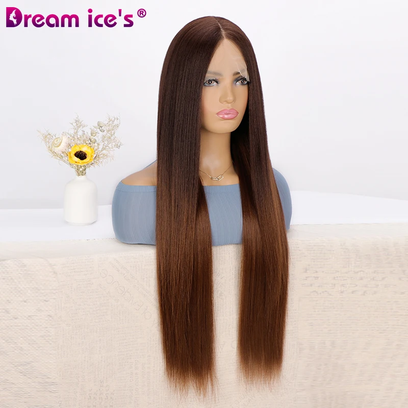 Wholesale long dark brown straight lace front synthetic wigs middle part glueless T part lace for women heat resistant hair wigs