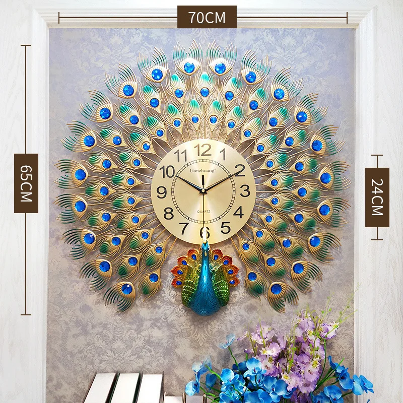 fashion design home decorative metal set peacock wall clock for wholesale