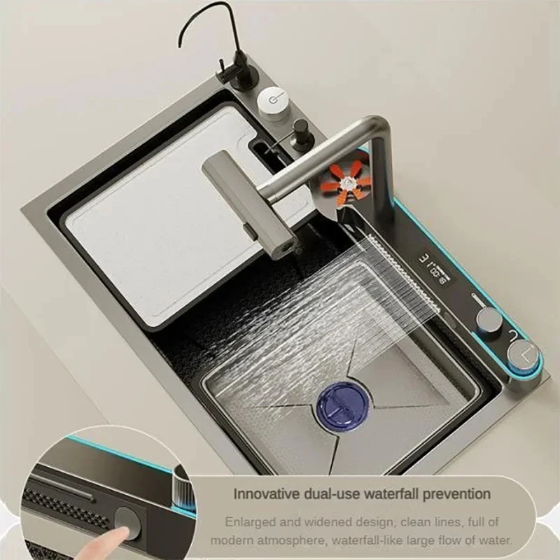 Stainless Steel Waterfall Kitchen Sink Large Single Slot Integrated Digital Display Faucet Set Embossed Wash Basin