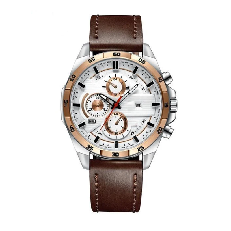 Good quality fashion minimalist vintage leather style strap wrist watch analog date stainless steel man watch