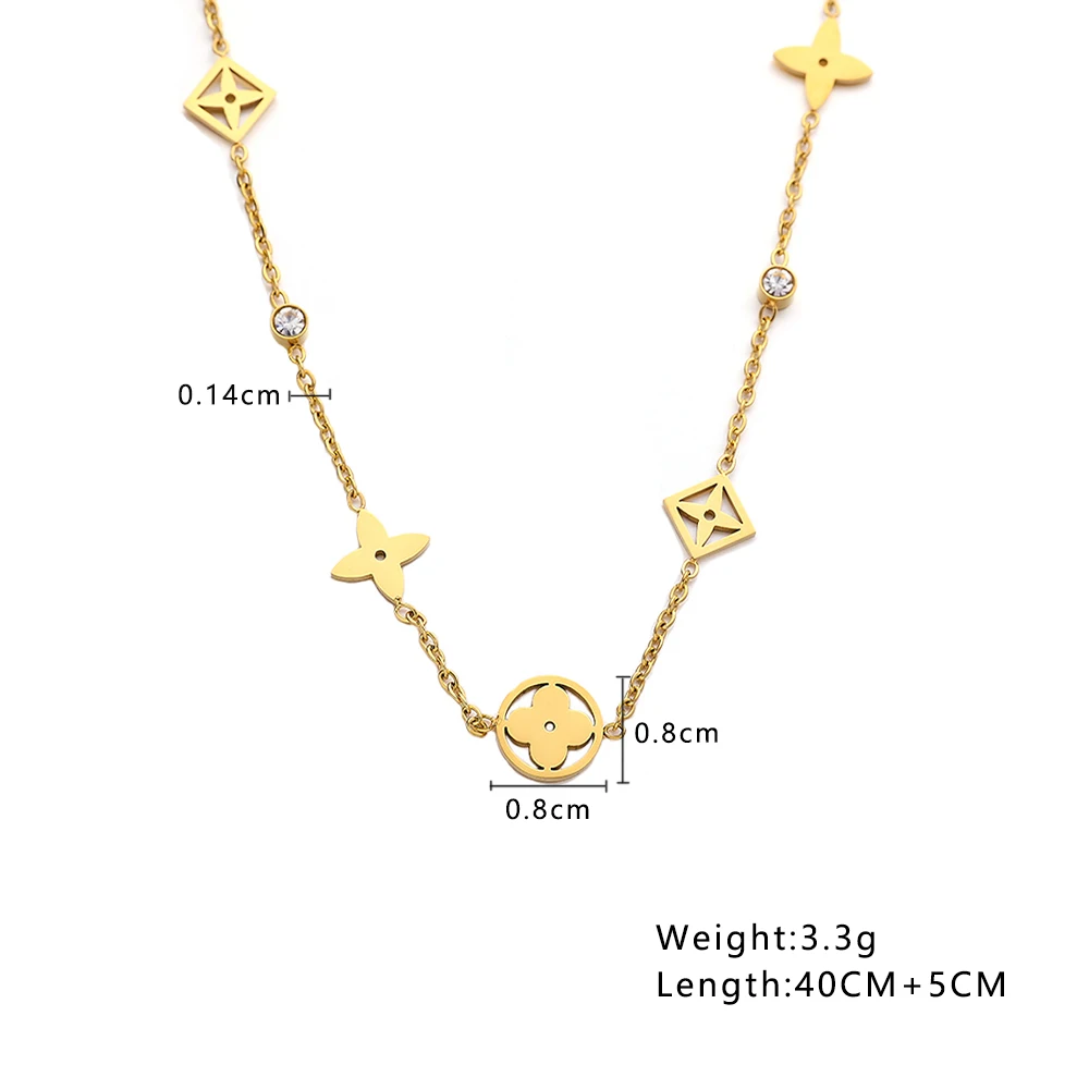 XIXI Tarnish Free 18K Gold Plated Women Gift Hollow Stainless Steel Four Leaf Clover Zircon Chain Link Fashion Jewelry Necklaces