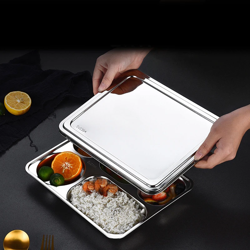 Factory five compartment food grade stainless steel 304 restaurant hotel school catering serving dinner plate set with lid