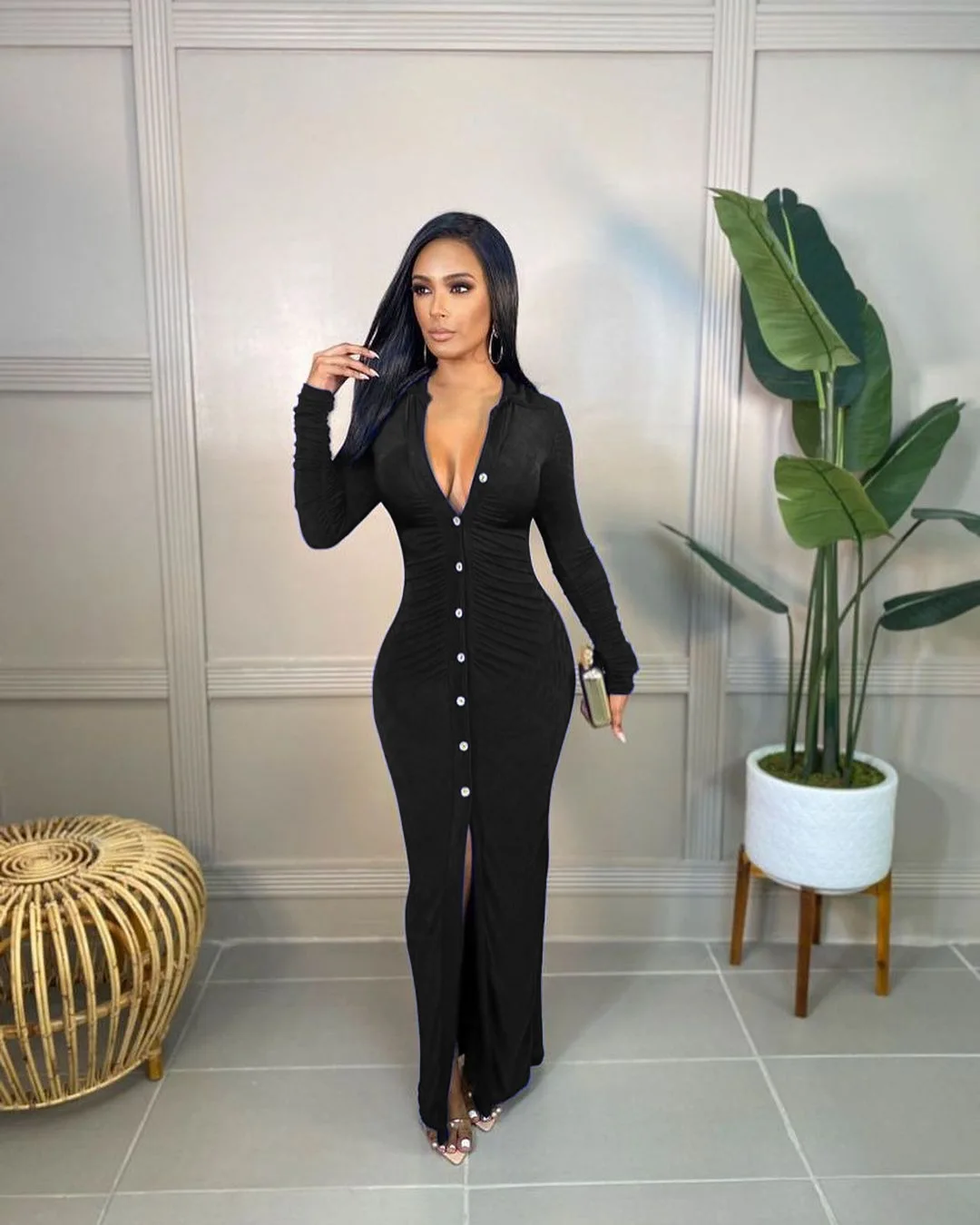 Spring Bodycon Single breasted long sleeve maxi evening velvet casual dresses